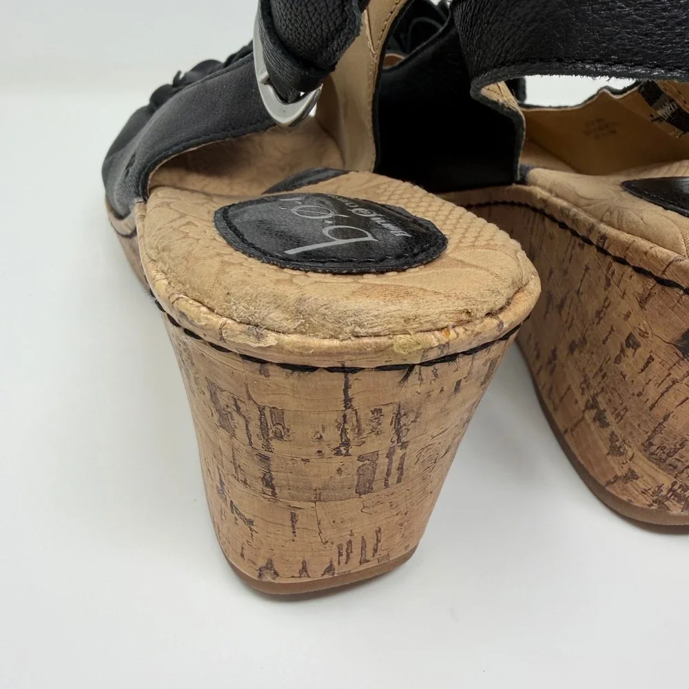 BOC Born Concept US 10 Black Leather Flower Slingback Sandals Cork Wedge